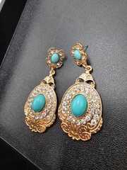 Vintage Gold Tone Turquoise Statement Drop Earrings with Rhinestone Accents
