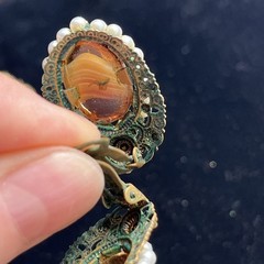 Vintage W Germany Glass Caramel Swirl Cabochon Pearl Brooch Clip On Earrings Set