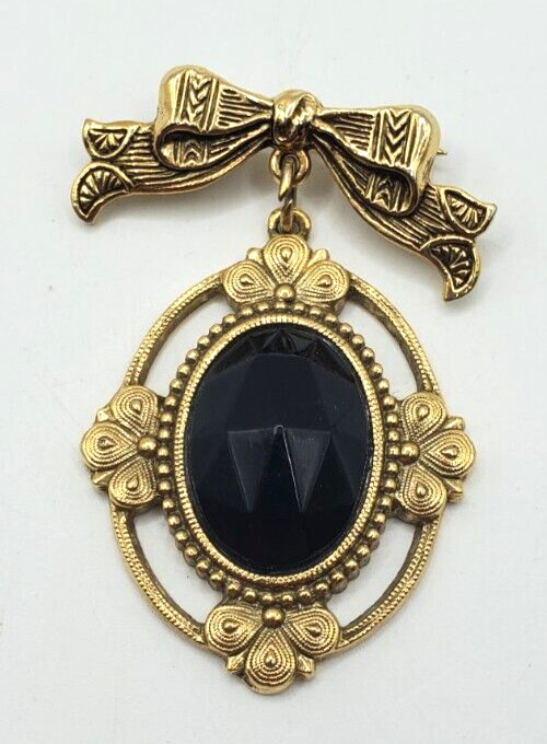 Vintage Victorian Deco Bow Dangle Cabochon Gold Tone Pin Brooch