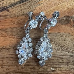 Rhinestone Teardrop Dangle Screw Back Earrings 1950s Vtg Glamorous Formal