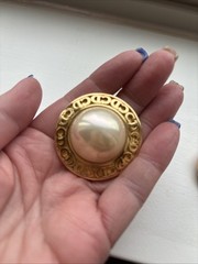 Christian Dior Earrings Vintage Pearl Round Logo Gold Tone Clip On