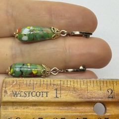 Vtg Japanese Green Millefiori Glass Teardrop Dangle Statement Earrings Screwback