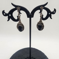 FAS Vintage Deco Sterling Silver Black Onyx Marcasite Dangle Drop Earrings 925