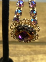 Vtg 1960s Watermelon Glass Rivoli & AB Rhinestone Clip On Dangle Earrings 2”