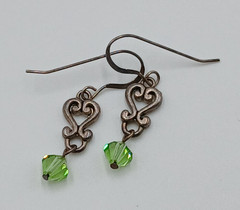 VTG 925 Green Bicone Crystal Earrings 1.25in Drop Sterling Silver Heart Scroll