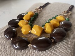 Chunky Vintage Boho Geometric Bead Cord Necklace Green Brown Yellow Statement