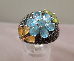 JTV Gold Sterling Silver Spinel Blue Topaz Citrine Peridot Flower Ring NIB Sz 7