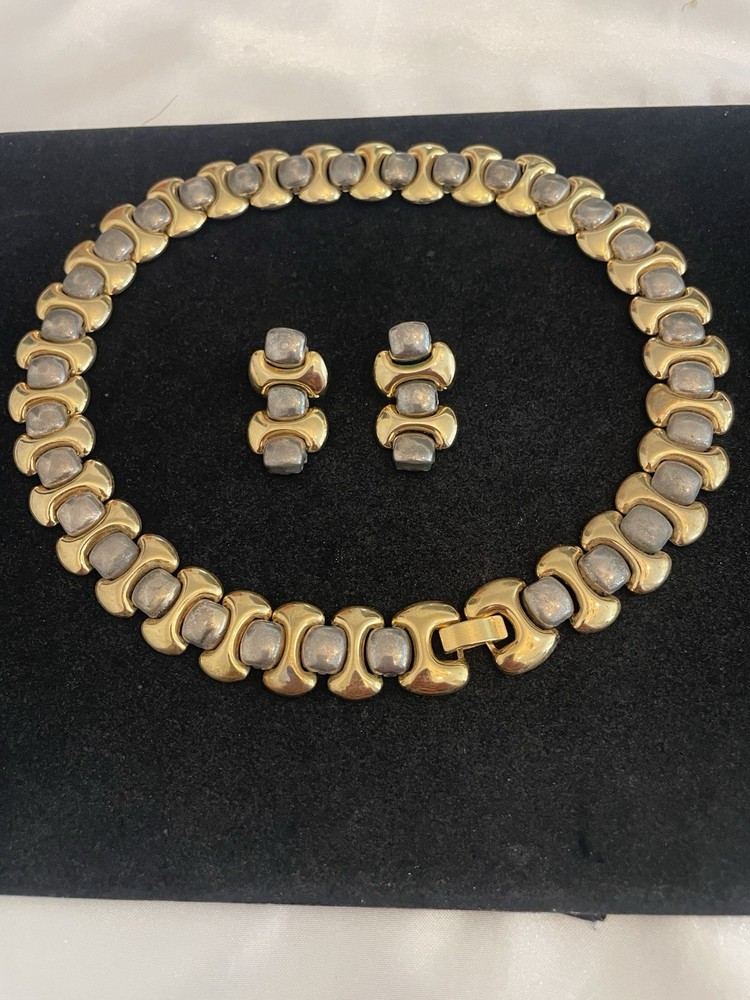 Vintage Gold & Silver Tone Choker Necklace PIERCED Matching Earrings Unbranded