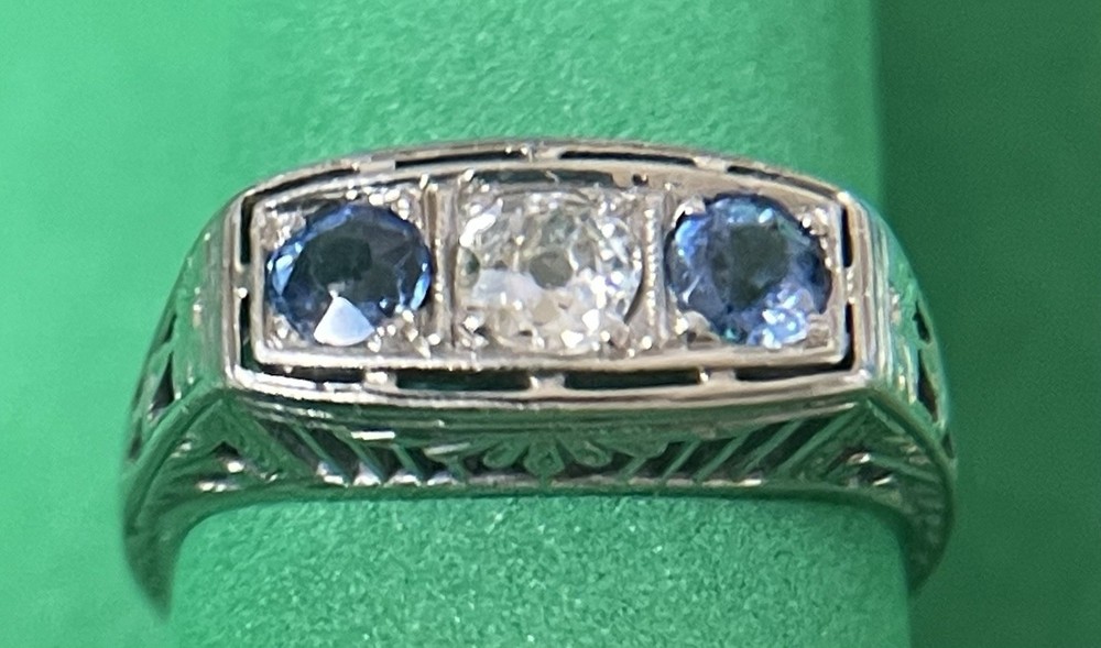 18k White Gold Art Deco Natural European Cut Diamond & Sapphire Ring