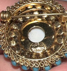 Vintage 1950’s Austrian Turquoise Stone Domed Round Gold Filigree Brooch 1.5”