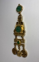Vintage Chinese-Inspired Faux Jade Gilt Metal Pendant w/Dangles- Costume Jewelry