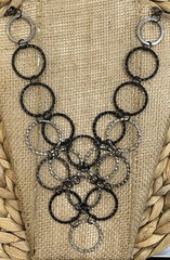 Modernist Hammered Circle Collar Torque Necklace Black Silver Tone Waterfall