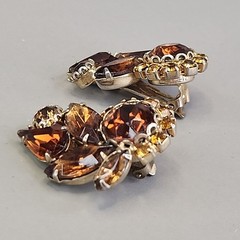 Vintage Rhinestone Clip On Earrings Climber Brown Glass Autumn Fall 1.25″