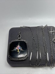 Antique Art Deco Sterling Silver Flower Basket Enamel Locket Necklace