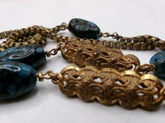 RARE SIGNED Miriam Haskell BLUE Glass BEADS Gold Tone Necklace~36 Inches Long