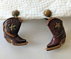 Vintage Brown Cowboy Leather Boots/ Wood Heels Screw Back Earring Made In Mexico
