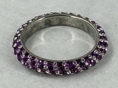 Vintage Pearl & Clear Rhinestone Bangle Bracelet Silver Tone Very Small 6.25″