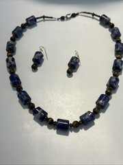 Lapis Lazuli & Tigers Eye Gems Necklace 20” Pierced Earrings 1 3/4” By 1/4”