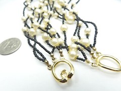 Off White Faux Pearl Black Beaded Multi Strand Necklace Vintage
