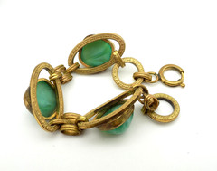 Antique Peking Glass High Cabochon Brass Chain Link Bracelet AS IT