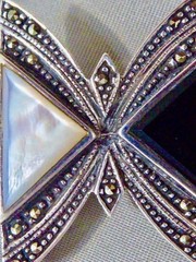 VINTAGE STAMPED 925 STERLING ONYX MOTHER OF PEARL MARCASITE BUTTERFLY PIN