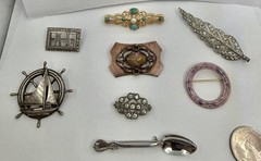 Antique to Vintage Lot of 8 Brooches ~ All Wearable Pot Metal, Enamel & More