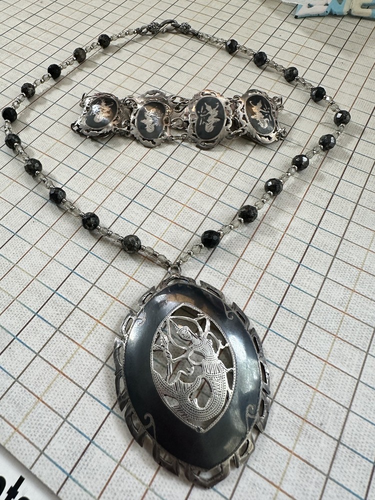 Vintage 925 Siam Sterling Silver Niello – Necklace Bracelet Set – Thai Dancer