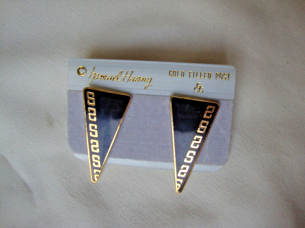 VINTAGE 1970s SAMUEL HUANG DESIGNER CLOISONNE RETRO MOD BLACK STUD EARRINGS