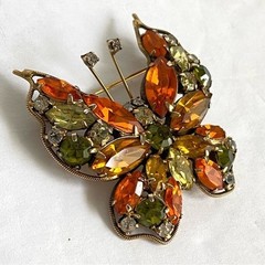 Vintage La Roco Butterfly Brooch Orange Green Rhinestone Pin Retro Estate Piece