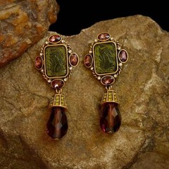 Vintage Green Carved Glass Drop Earrings Gold Tone Statement