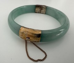 Vintage Genuine Natural Jadeite Jade Hinged Bangle Bracelet 60mm Safety Chain
