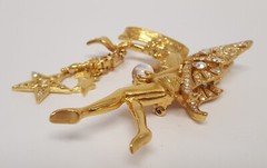 KIRK’S FOLLY Fairy Godmother Brooch Crystal Orb Large Gold Tone Wings Vtg 3-1/2″