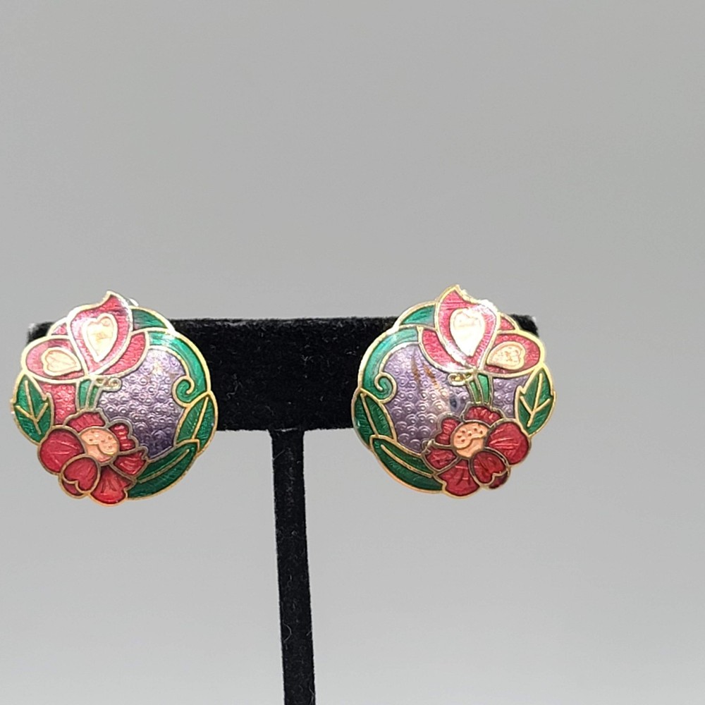 Vintage Butterfly Cloisonne Enamel Clip on Earrings Flowers Gold tone Drop 1 in