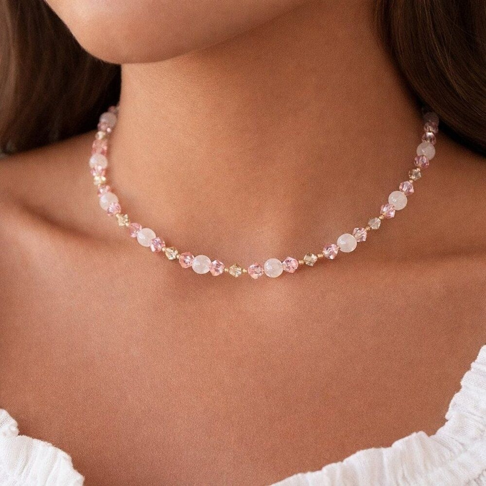 Vintage Y2K Pink Faceted Crystal Silver Beaded Choker Necklace Summer Jewelry