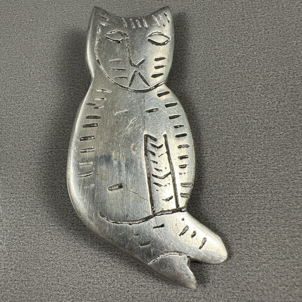 Vintage Cat Brooch Modernist Silver Tone Artisan Abstract Figural Pin