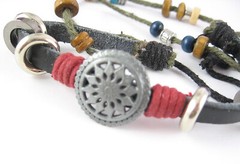 BOHO Wood Beads Silvertone Metal Round STAR Beaded THREE Strands Cording 11″