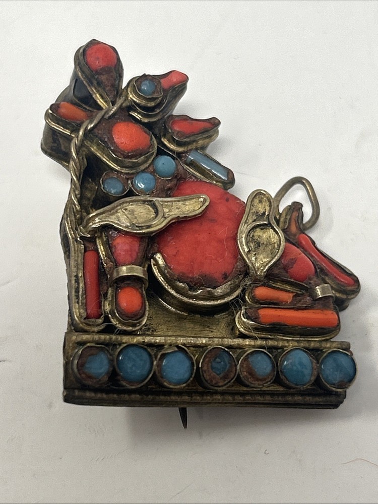 Scarce Vintage 1930s Nepalese Tibetan Brass Coral Turquoise Foo Dog Brooch