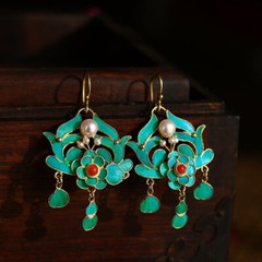 Chinese Antique Earrings Cloisonne Hook Earrings Long Tassels Gilt Pearls Jewels