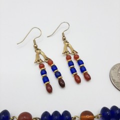 Egyptian Revival Carnelian And Blue Glass Vintage Necklace And Earrings Set