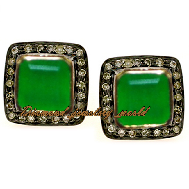 Gorgeous 1.35ctw Rose Cut Diamond Emerald Silver Victorian Studs Earring Jewelry