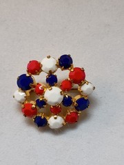 Vintage Red, White, Blue Faceted Glass Bead Prong Set Brooch US Patriotic
