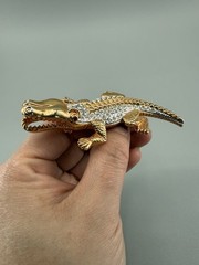 Vintage Gold Tone Alligator Crocodile Brooch Rhinestone Red Eyes Pin Open Mouth
