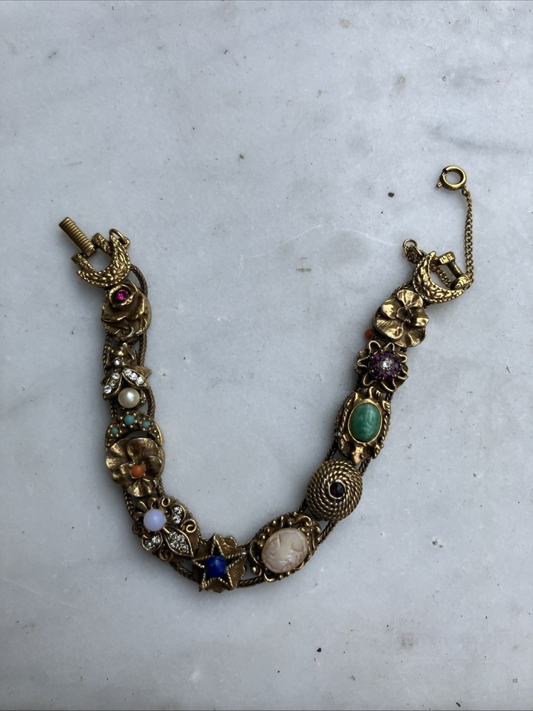 Vintage GOLDETTE NY Victorian Revival Charm Slide Bracelet Jeweled Rhinestone