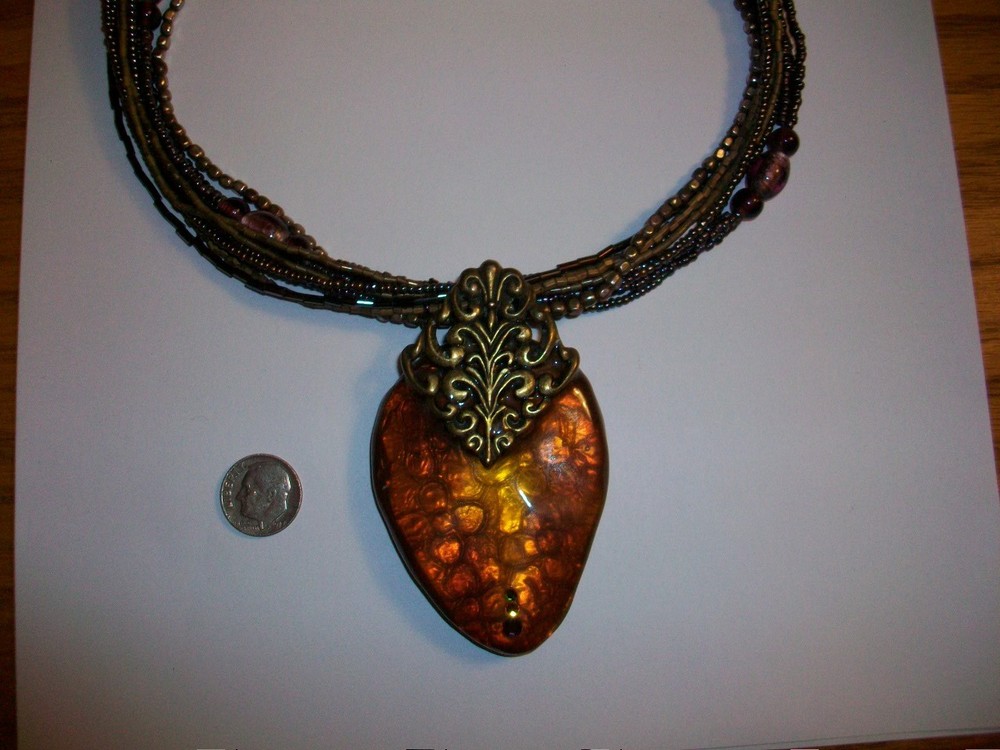 Vintage Chicos Multi-Strand Beaded Necklace W/Large Amber Colored Glass Pendant