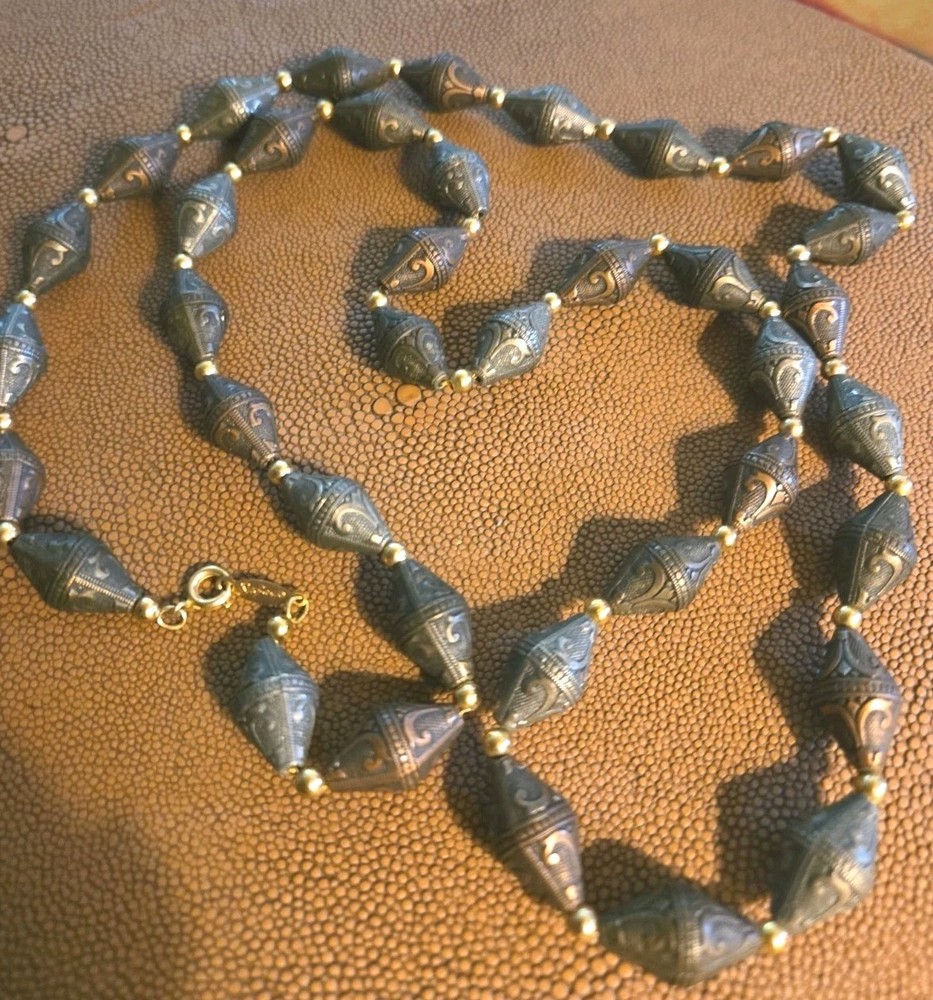 Vintage Napier Victorian Revival Necklace Faux Metal Barrel Beads Gold Tone…