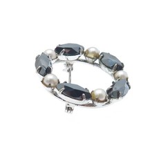 SORRENTO 925 Sterling Silver Vintage Real Hematite & Pearl Circle Pin Brooch