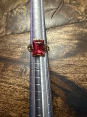 Pretty Vintage Art Deco Red Glass Ring with Detailed Buckle Band, Size 5.5