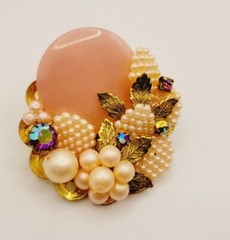 Flower brooch Pink Rhinestone Baby Faux Pearl Crystal AB Gold tone Vintage Pin