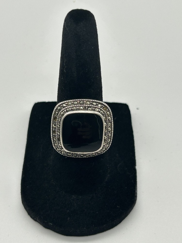 Sterling Silver Cushion-Cut Black Onyx Ring with CZ Halo – Size 6