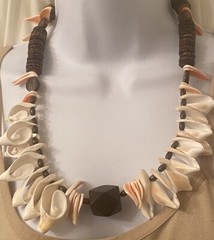 Vintage Coconut Disk Shell & Wood Beaded BOHO Island Large Statement Necklace